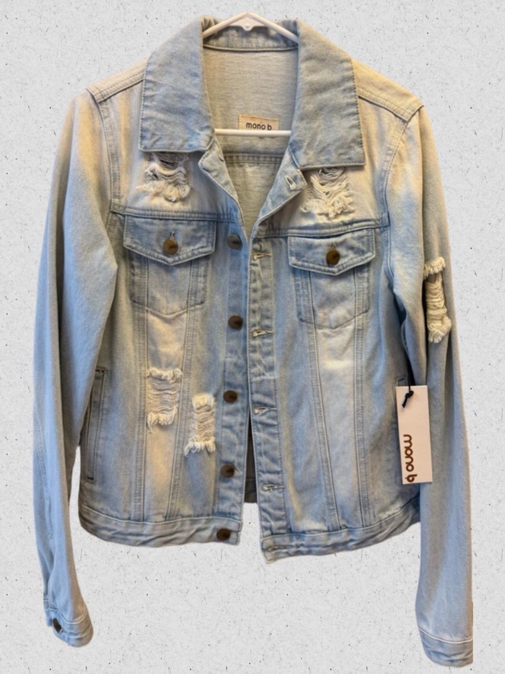 Mono B Light Wash Distressed Denim Jacket - Light Blue